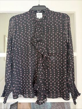 NWT MISA Los Angeles Black Ditsy Floral Ruffle Front Blouse – Size XS